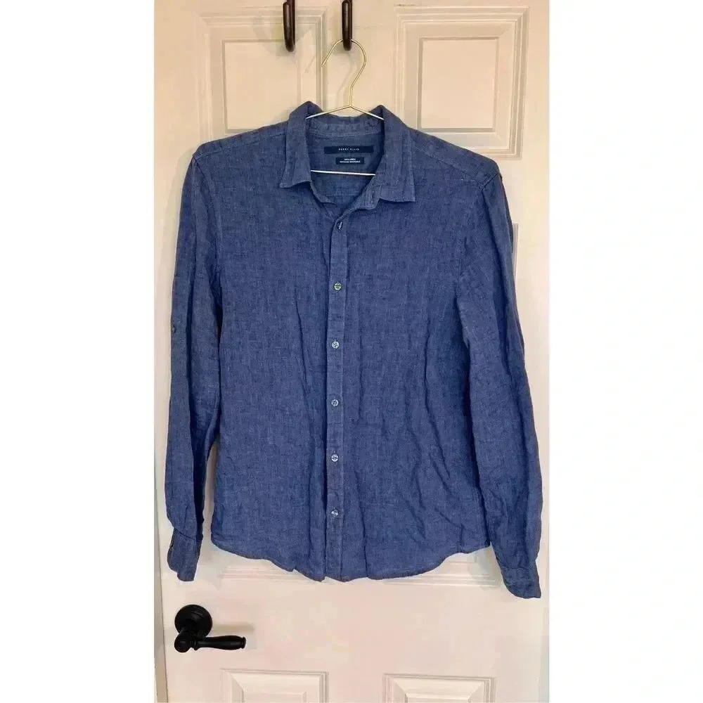 Perry Ellis Women’s Medium Blue 100% Linen Long Sleeve Button Down Shirt Top
